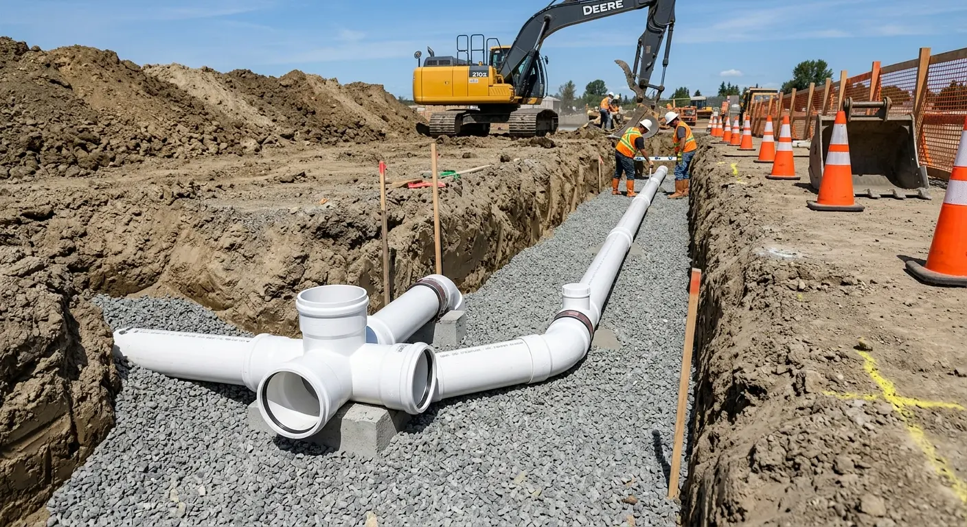 New PVC sewer pipe installation in open trench for Sewer Backup in Whitehall