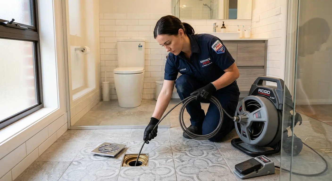 Technician clearing a bathroom floor drain for Drain Cleaning in Whitehall